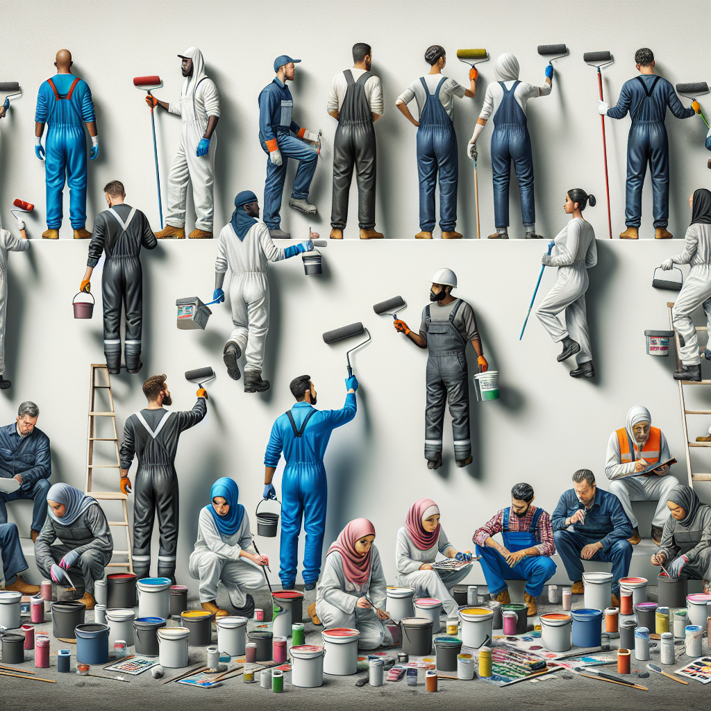 Realistic stock image of workers painting a wall.